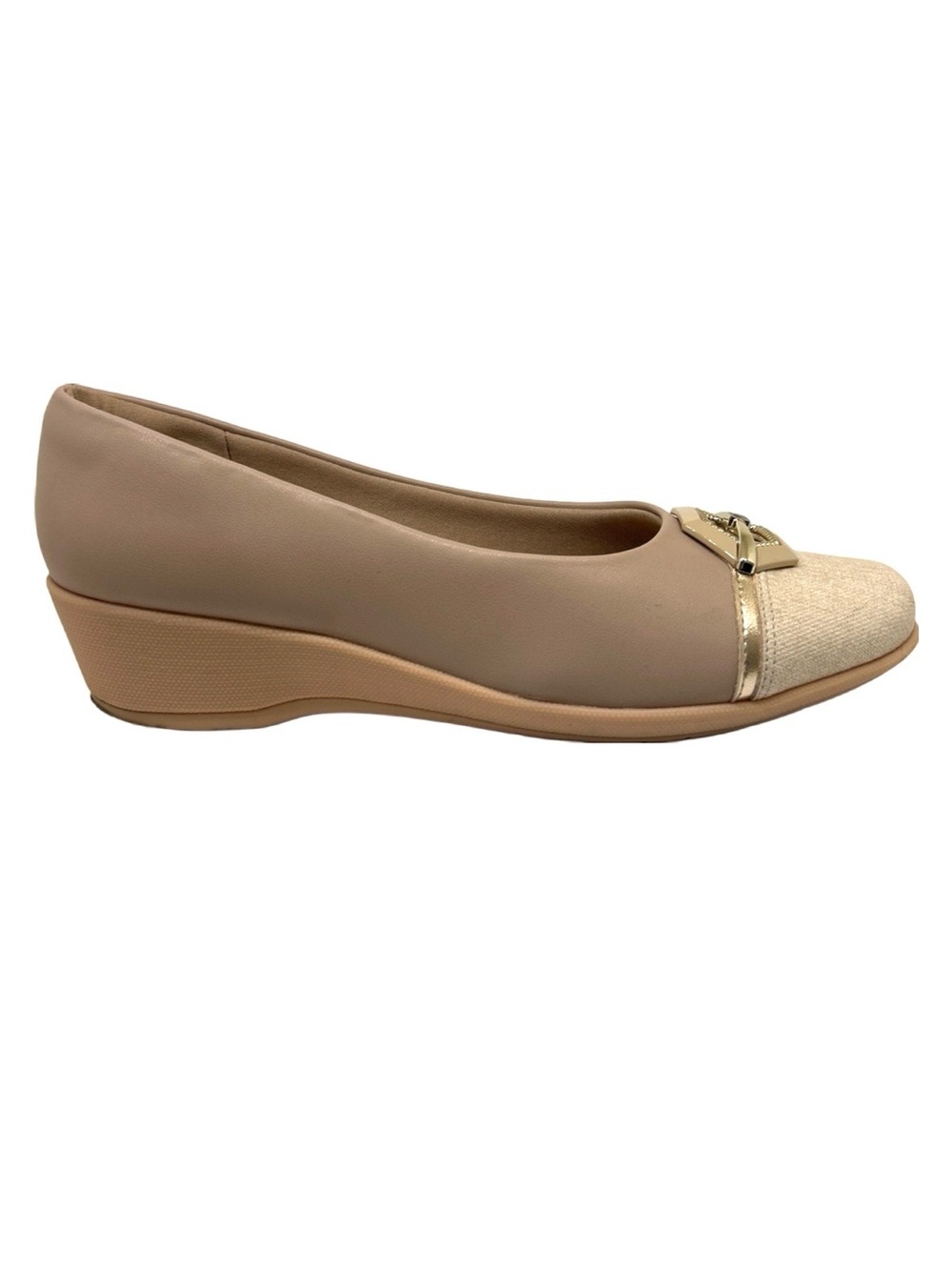 Low Wedge Ballet Pump in Taupe and Cream with Gold Trim